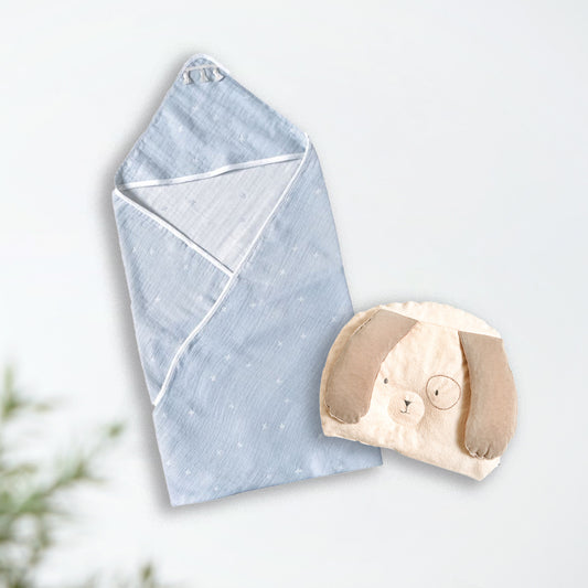 3重ガーゼアフガン・まくらギフトセット ブルー