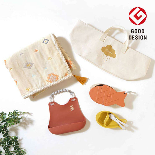 帆布ギフトBAG お食事セットとガーゼケット テラコッタ / 出産祝い 名入れ刺繍可