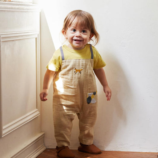 きつね刺繍 サロペット風 ロンパース ベージュ 70cm・80cm