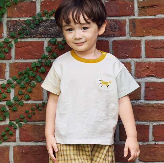 きつねワッフル配色Tシャツ ホワイト 80・90・100cm