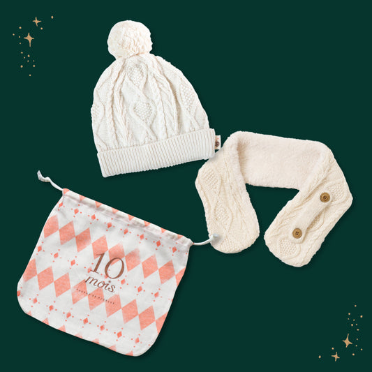 クリスマス巾着ギフトセット アランニットキャップ・マフラー きなり