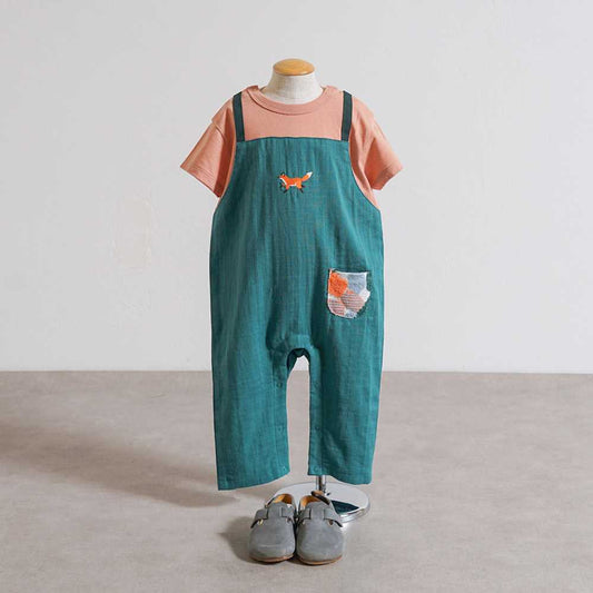 きつね刺繍 サロペット風 ロンパース グリーン 70cm・80cm