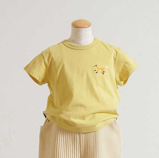 きつね刺繍 コンビTシャツ イエロー 80cm・90cm・100cm・110cm