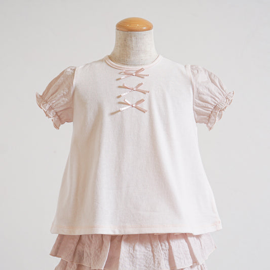 リボンパフスリーブTシャツ ペールピンク 80・90・100・110cm