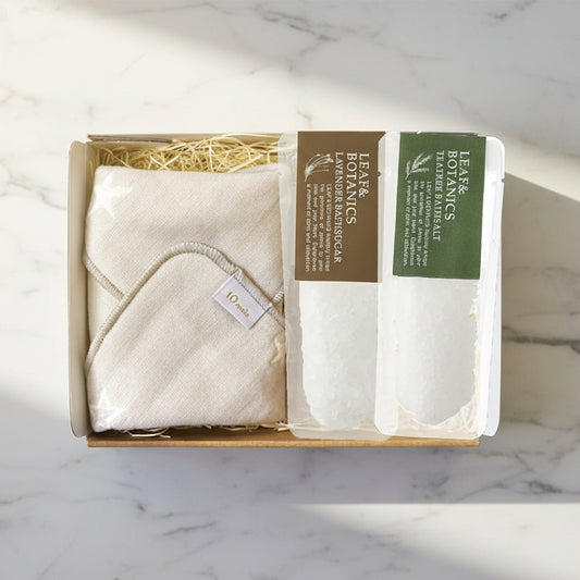 LEAF&BOTANICSギフトセット(ハンカチ&バスソルトシュガー ラベンダー&ティーツリー)●