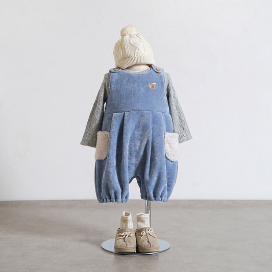 リス刺繍モールヤーンサロペット ライトブルー 70-80cm・80-90cm