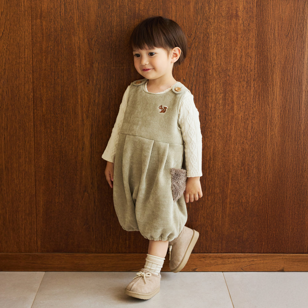 リス刺繍モールヤーンサロペット ベージュ 70-80cm・80-90cm – 10mois