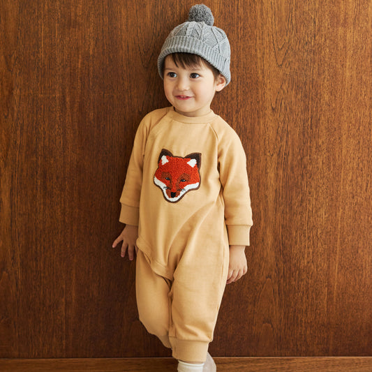 きつねワッペン裏毛ロンパース ライトオレンジ 70・80cm