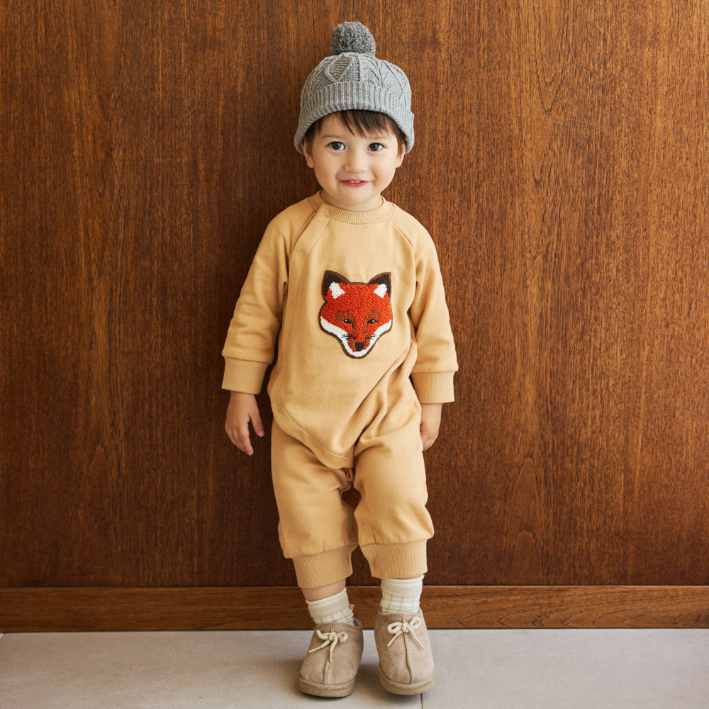 きつねワッペン裏毛ロンパース ライトオレンジ 70・80cm