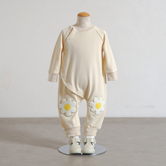 お花ワッペン裏毛ロンパース アイボリー 70・80cm