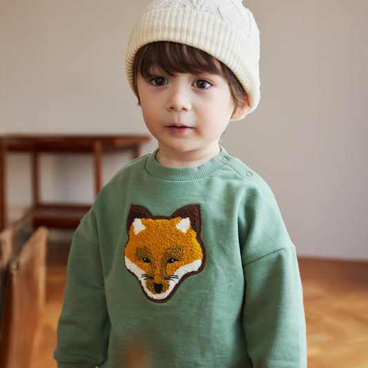きつねワッペン裏毛トレーナー モスグリーン 80・90・100・110cm