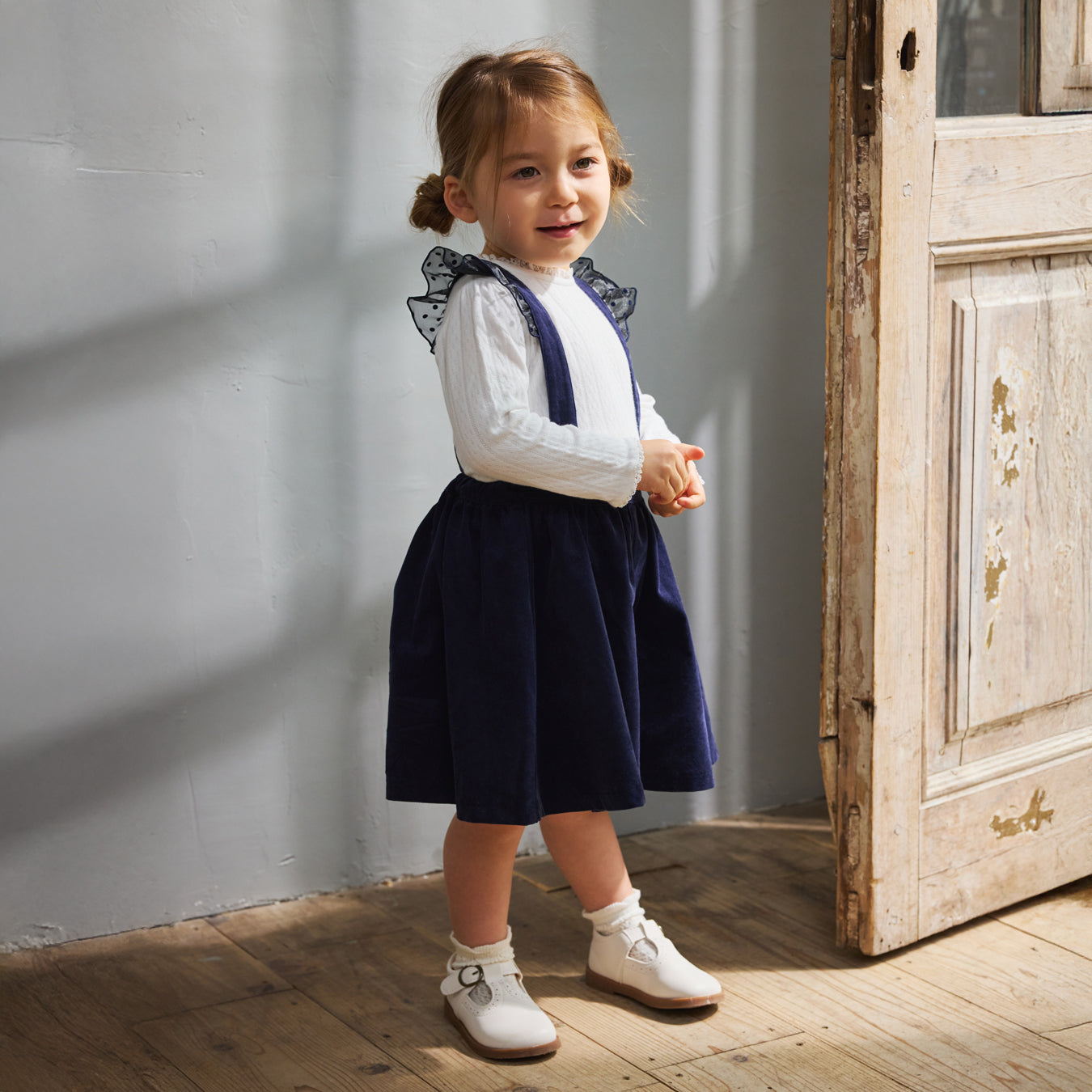 DOTフリルサスペンダーキュロットパンツ ネイビー 80-90・90-100cm