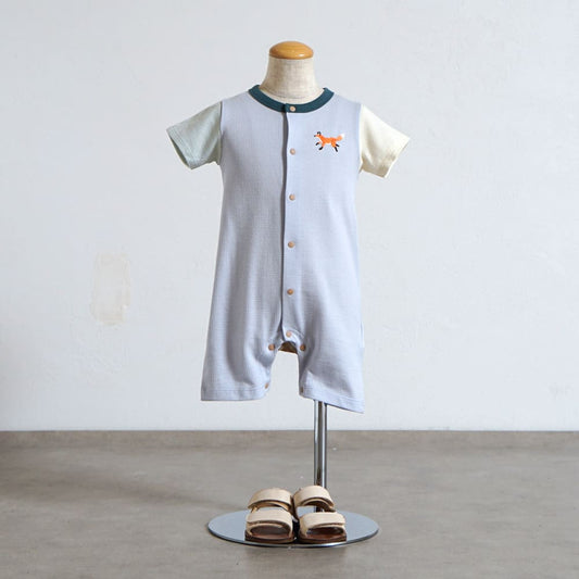 きつねワッフル配色ロンパース ライトブルー 70・80cm