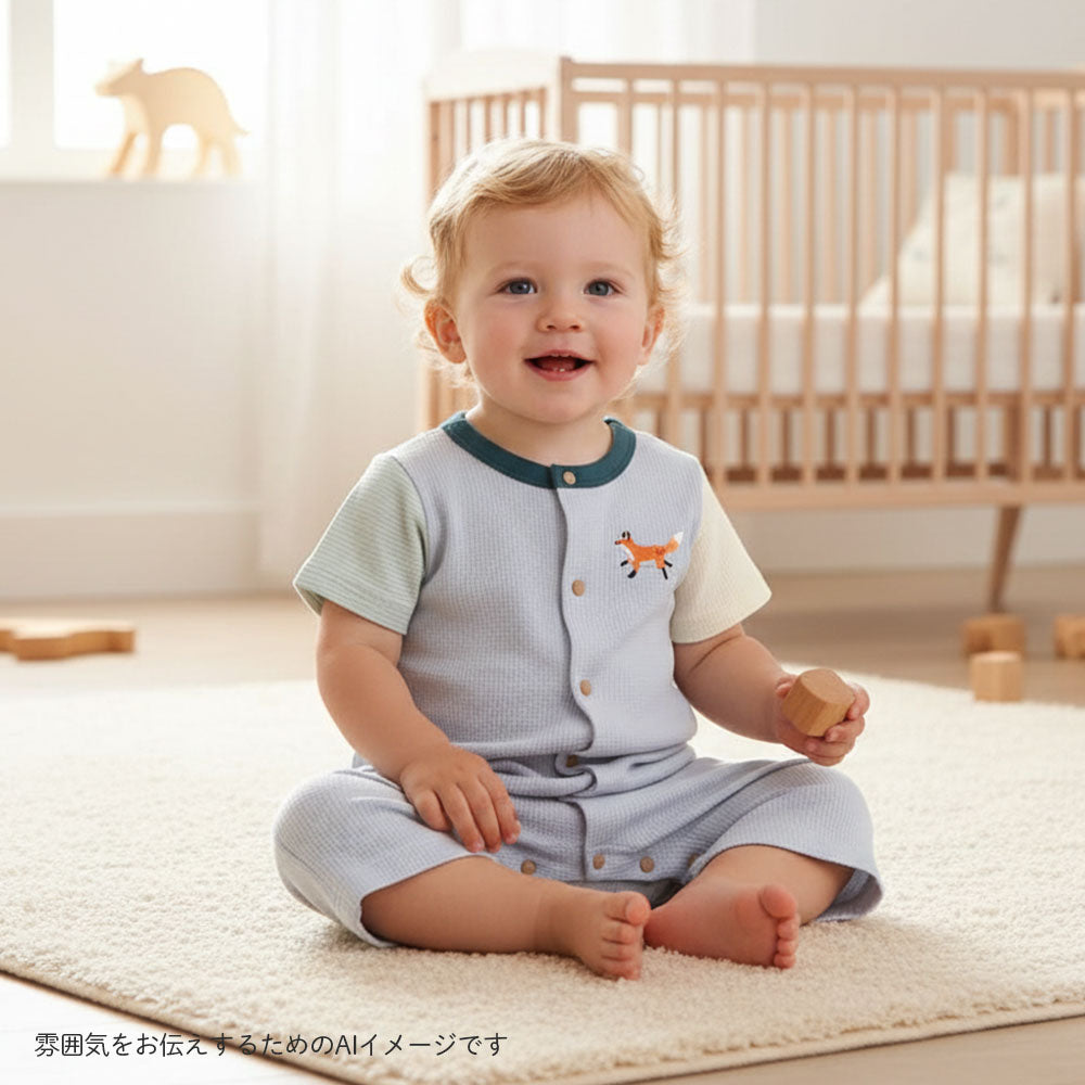 きつねワッフル配色ロンパース ライトブルー 70cm・80cm – 10mois 公式