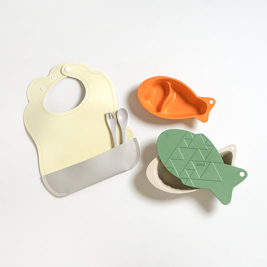 マロービブ&おさかなプレートセット ライトカーキ/ おでかけお食事セット