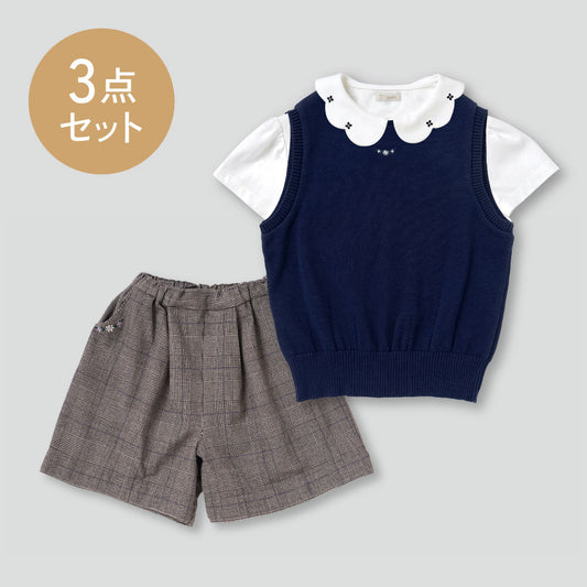 お受験 女の子 3点セット (ベスト・半袖ブラウス・キュロット)ブラウン 90・100・110・120cm