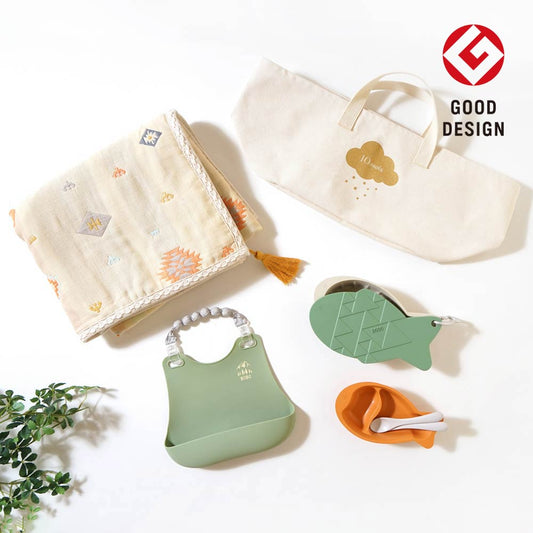 帆布BAGギフト お食事セットとガーゼケット ライトカーキ / 出産祝い