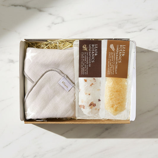 LEAF&BOTANICSギフトセット(ハンカチ&バスソルトシュガー モミ&レモングラス)●