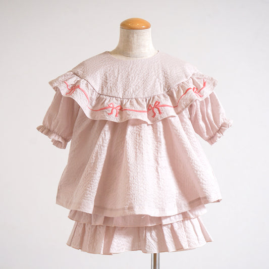 リボン刺繍フリルブラウス ペールピンク 80・90・100・110cm