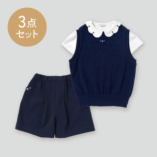 【予約】お受験 女の子 3点セット (ベスト・半袖ブラウス・キュロット)90・100・110・120cm