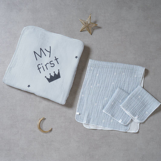 アニバーサリータオル&沐浴ガーゼ・ハンカチ ギフトセット パウダーブルー/ 出産祝い●