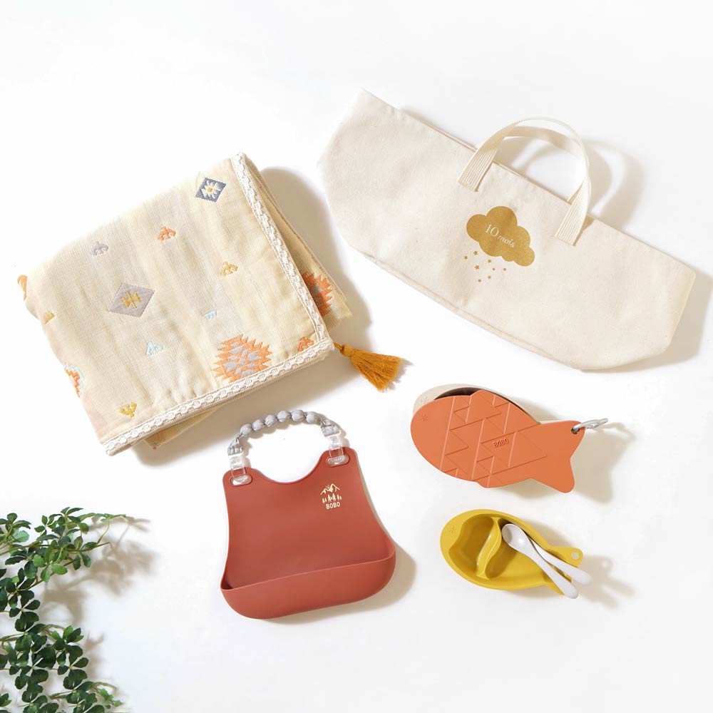 帆布ギフトBAG お食事セットとガーゼケット テラコッタ / 出産祝い 名入れ刺繍可