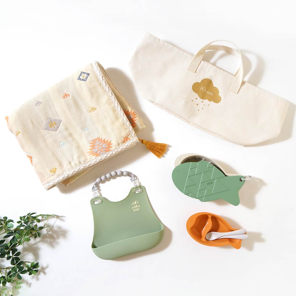 帆布BAGギフト お食事セットとガーゼケット ライトカーキ / 出産祝い