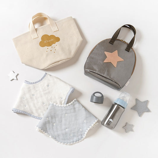 帆布BAGギフト ベビーボトル・ビブ・ポーチ パウダーブルー / 出産祝い