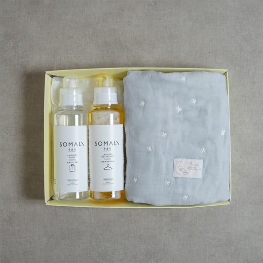 6重ガーゼベビーケット&ランドリーギフトセット パウダーブルー/ 名入れ刺繍可