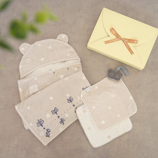 【予約】バスポンチョ＆チャームハンカチ ギフトセット ベアマスク / 名入れ刺繍可