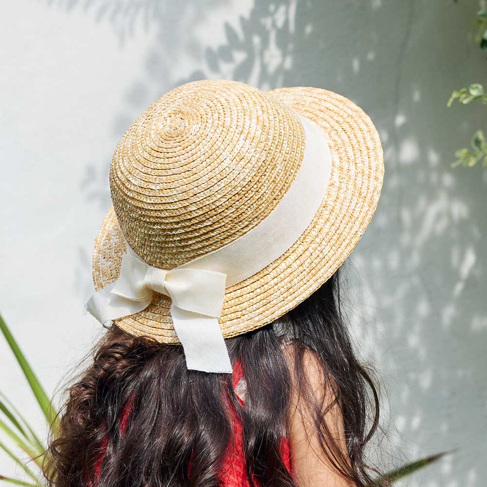リボンむぎわら帽子 ホワイト 頭回り約44-48・48-52cm