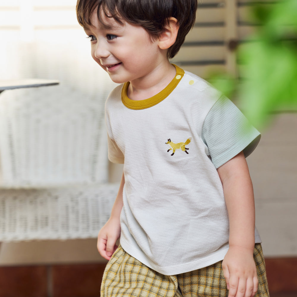 きつねワッフル配色Tシャツ ホワイト 80・90・100cm
