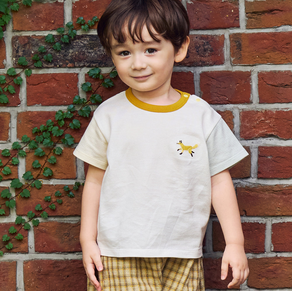 きつねワッフル配色Tシャツ ホワイト 80・90・100cm