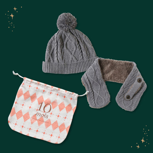 クリスマス巾着ギフトセット アランニットキャップ・マフラー グレー