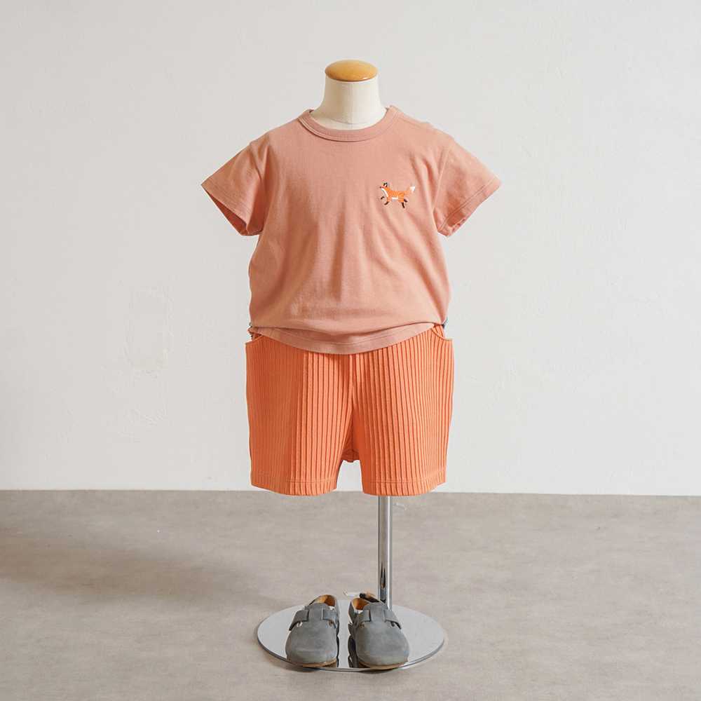きつね刺繍 コンビTシャツ オレンジ 80cm・90cm・100cm