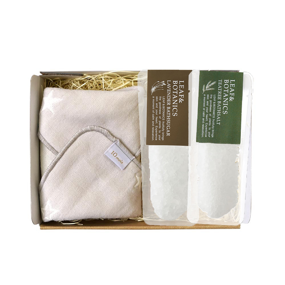LEAF&BOTANICSギフトセット（ハンカチ＆バスソルトシュガー ラベンダー＆ティーツリー）●