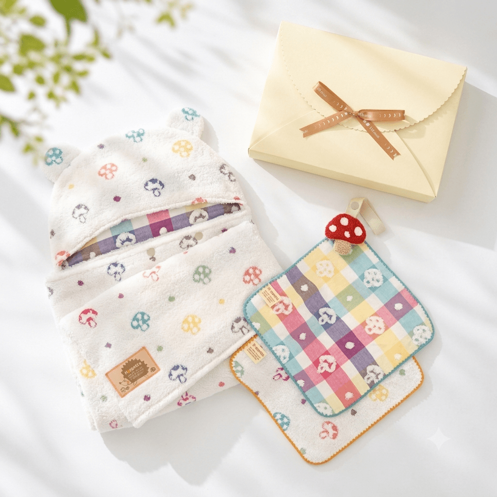 バスポンチョ＆チャームハンカチ シャンピニオン ギフトセット / 名入れ刺繍可
