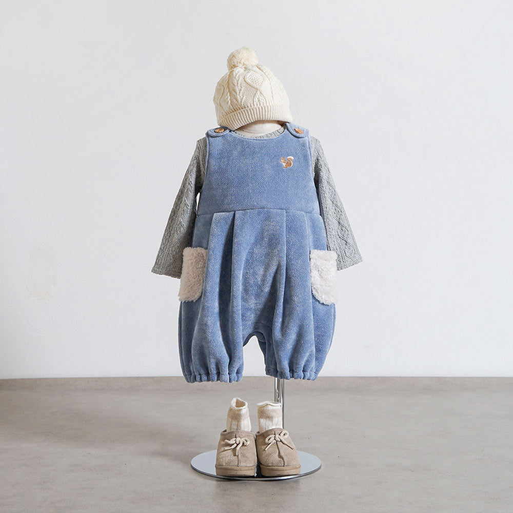 リス刺繍モールヤーンサロペット ライトブルー 70-80cm・80-90cm