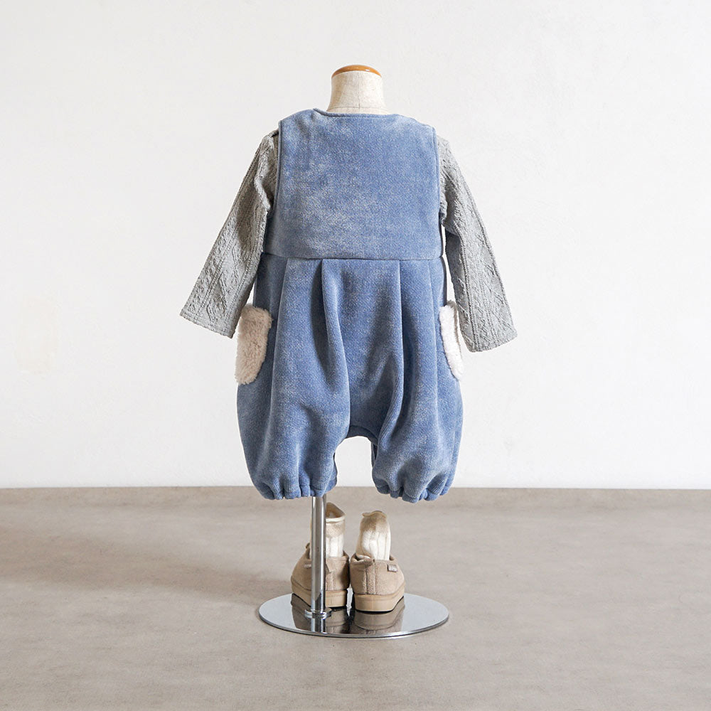 リス刺繍モールヤーンサロペット ライトブルー 70-80cm・80-90cm