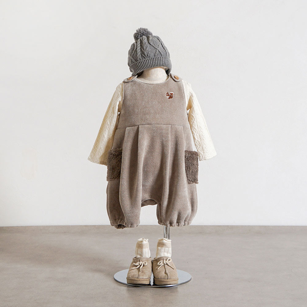 リス刺繍モールヤーンサロペット ベージュ 70-80cm・80-90cm