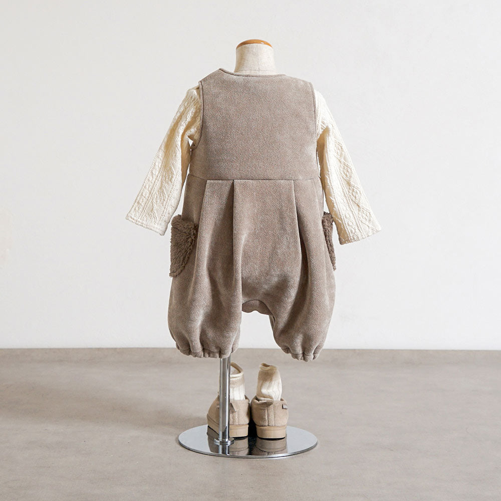 リス刺繍モールヤーンサロペット ベージュ 70-80cm・80-90cm