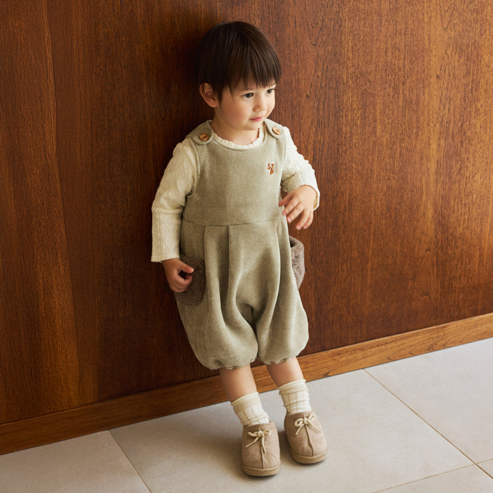 リス刺繍モールヤーンサロペット ベージュ 70-80cm・80-90cm