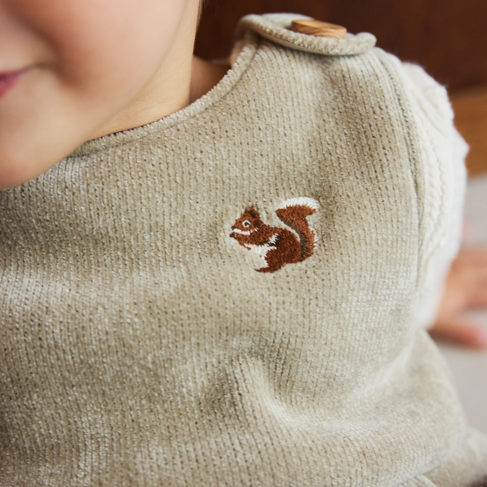 リス刺繍モールヤーンサロペット ベージュ 70-80cm・80-90cm