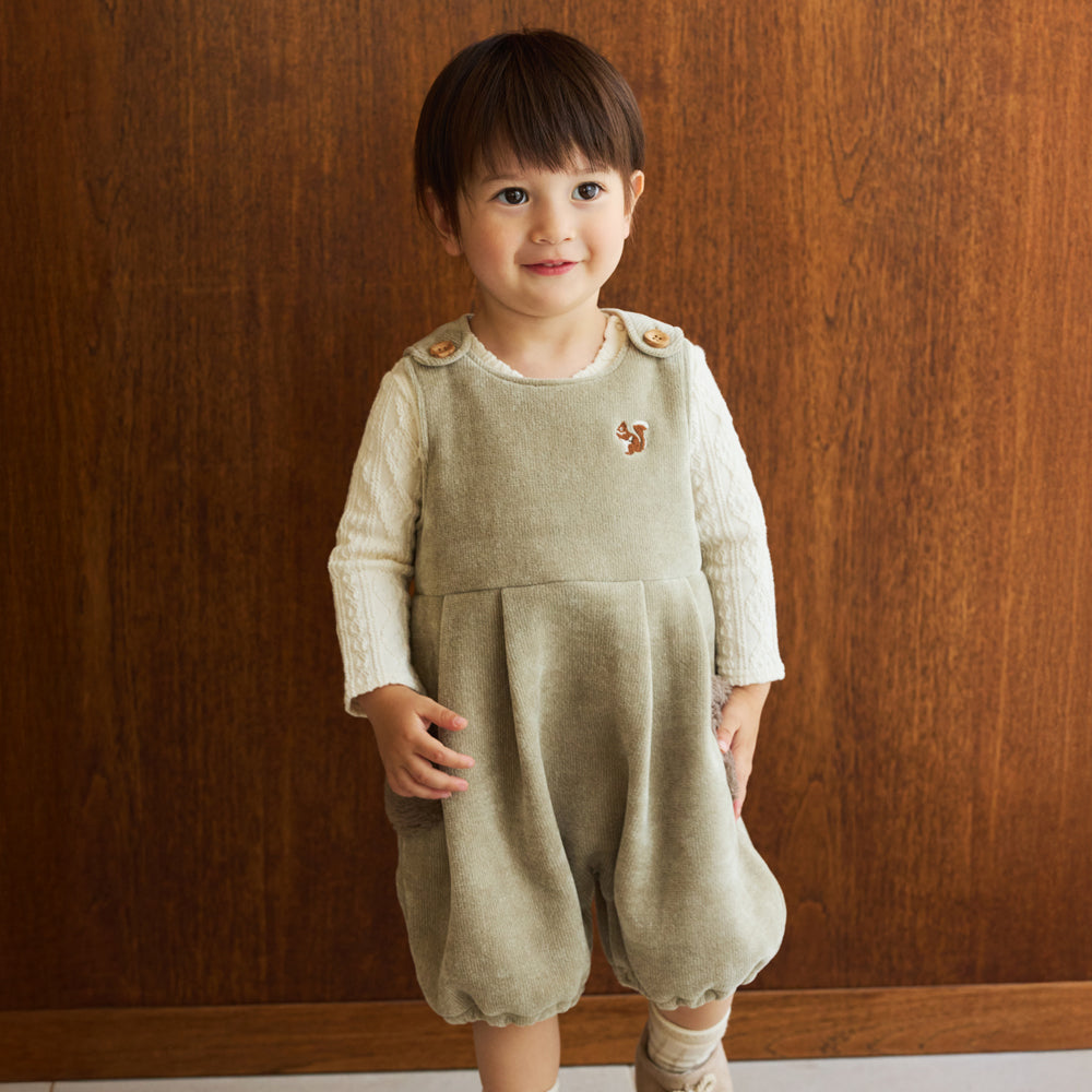 リス刺繍モールヤーンサロペット ベージュ 70-80cm・80-90cm