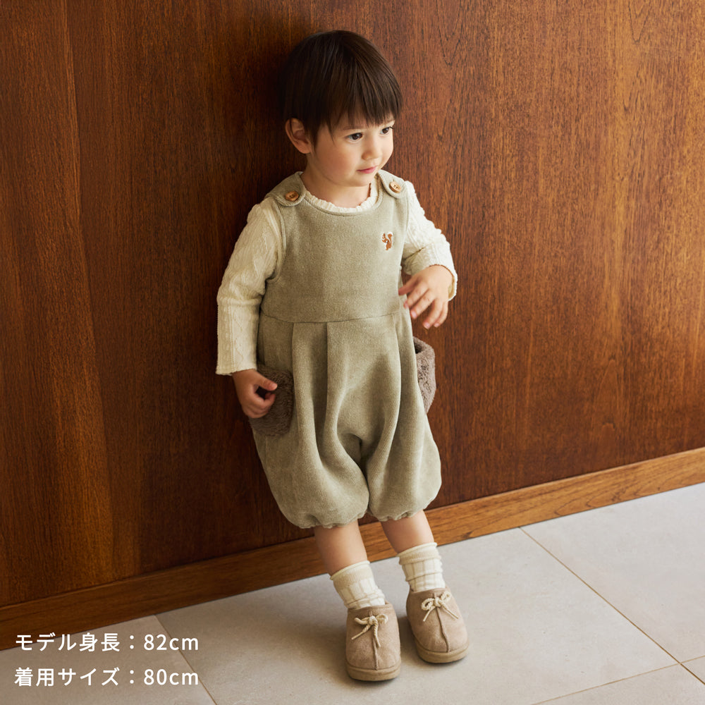 リス刺繍モールヤーンサロペット ベージュ 70-80cm・80-90cm