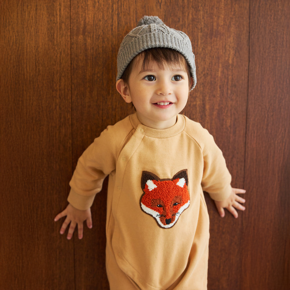 きつねワッペン裏毛ロンパース ライトオレンジ 70・80cm