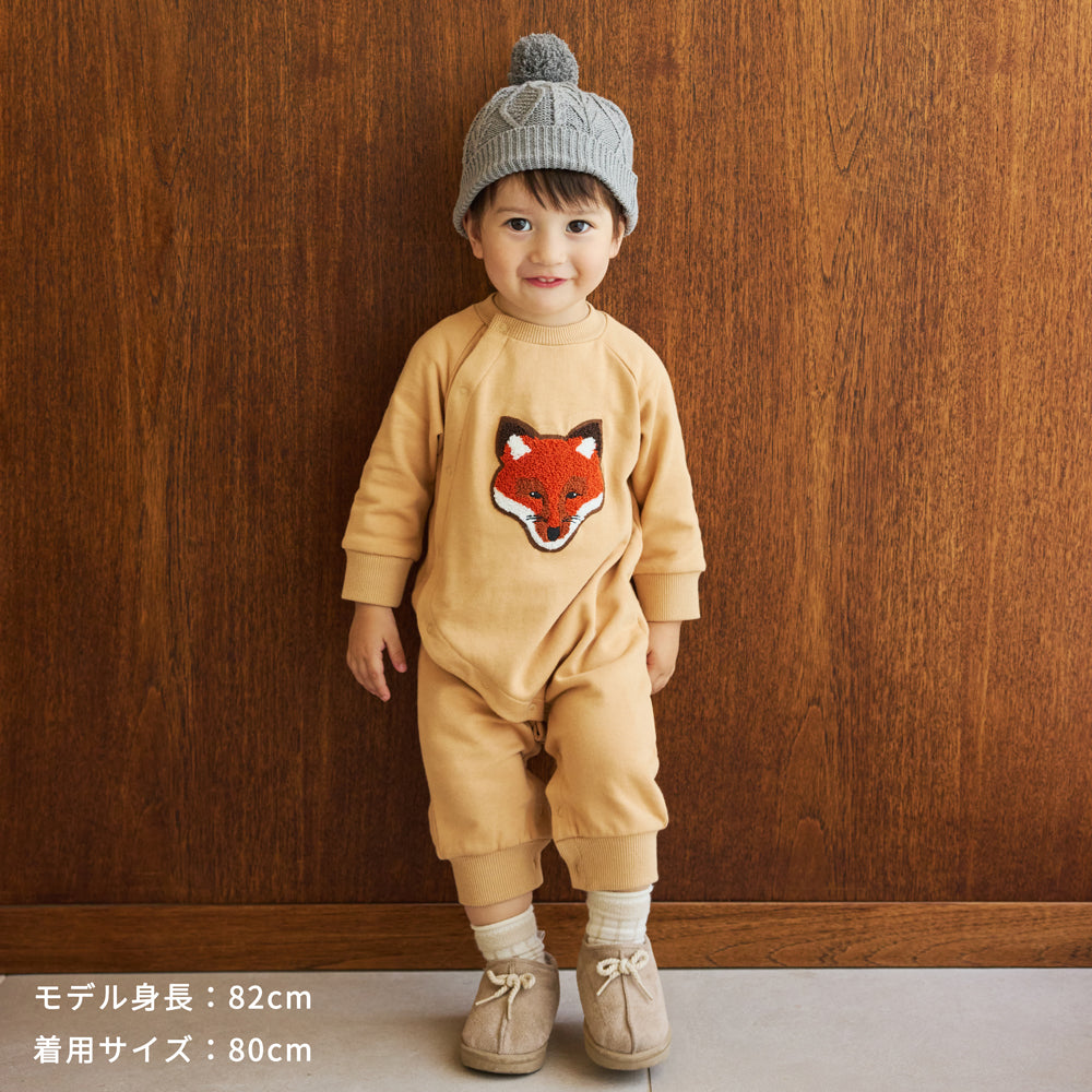 きつねワッペン裏毛ロンパース ライトオレンジ 70・80cm
