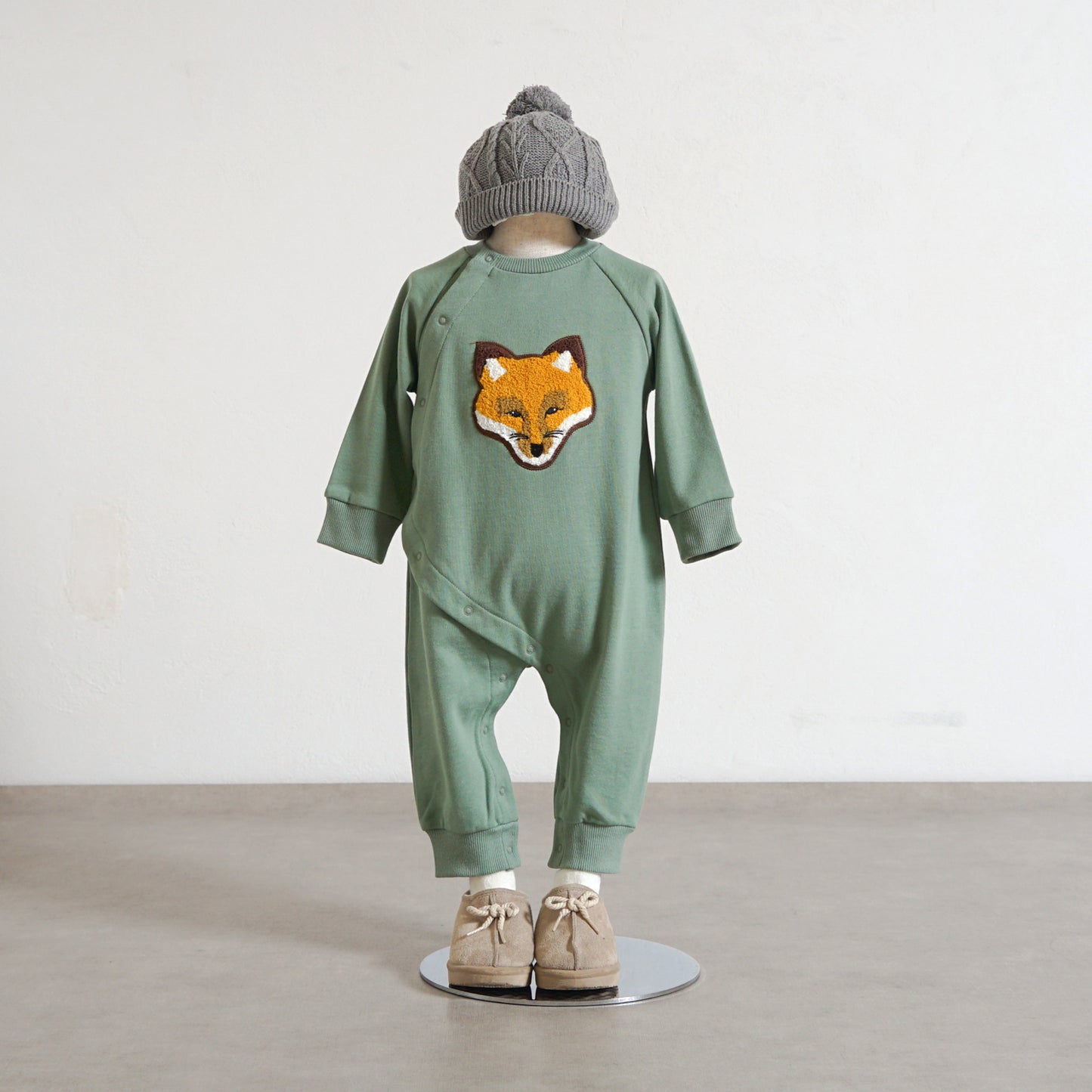 きつねワッペン裏毛ロンパース モスグリーン 70・80cm