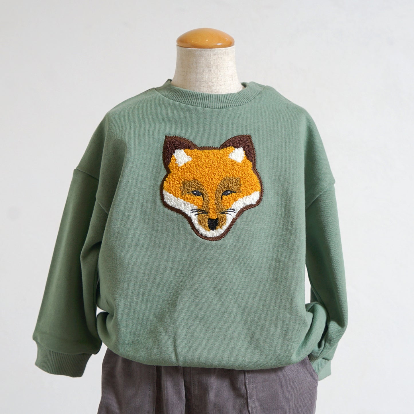 きつねワッペン裏毛トレーナー モスグリーン 80・90・100・110cm