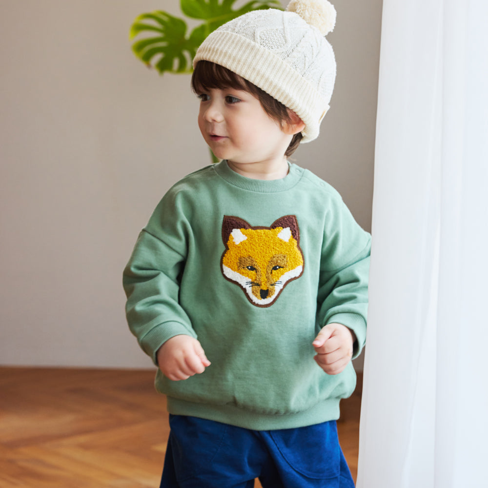きつねワッペン裏毛トレーナー モスグリーン 80・90・100・110cm